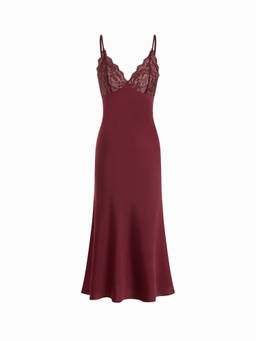 Cider - Satin Women's V-Neck Lace Panel Mermaid Maxi Dress Burgundy