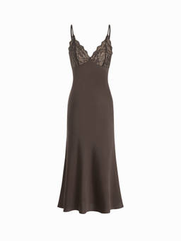 Cider - Satin Women's V-Neck Lace Panel Mermaid Maxi Dress Brown
