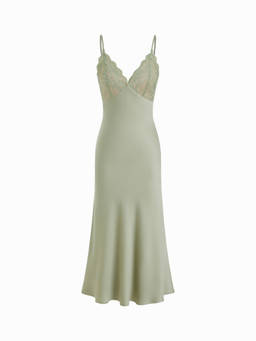 Cider - Satin Women's V-Neck Lace Panel Mermaid Maxi Dress Green