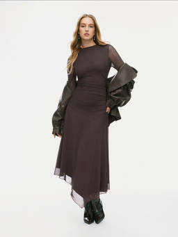 Cider - Mesh Women's Ruched Lettuce Trim Maxi Dress Brown