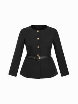 Cider - Metal Button Women's Belted Round Neck Regular Fit Blazer Black