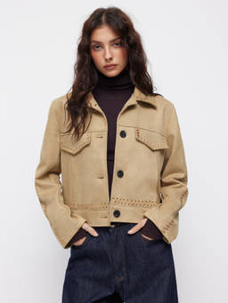 Cider - Decorative Stitch Women's Button Suede Jacket Khaki