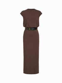 Cider - Women's Round Neck Split Straight Maxi Dress Brown