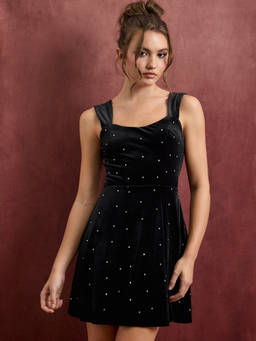 Cider - Velvet Women's Rhinestone Dot U-Neck Mini Dress Black