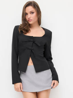 Cider - Square Neck Women Bow Detail Blazer Black