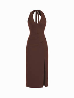 Cider - Halter Neck Women's Ruched Backless Split Bodycon Maxi Dress Brown