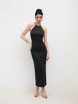 Cider - Satin Rhinestone Women's Halter Neck Backless Maxi Dress Black