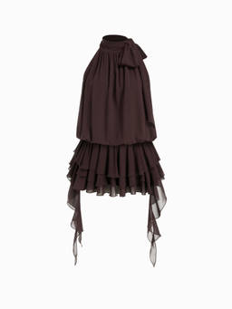 Cider - Chiffon Women's Ruffled Ruched Halter Neck Mini Dress Brown