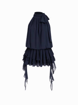 Cider - Chiffon Women's Halter Neck Ruffled Ruched Mini Dress Navy Blue