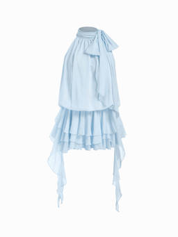 Cider - Chiffon Women's Halter Neck Ruffled Ruched Mini Dress Blue