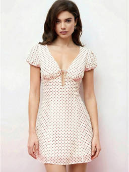 Cider - Polka Dot Women's Puff Sleeve V-Neck A-Line Mini Dress Cream