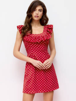 Cider - Polka Dot Women's Ruffled U-Neck A-Line Mini Dress Red