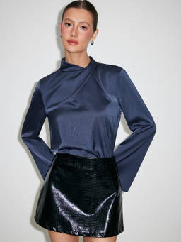 Cider - Satin Women's High Neck Bell Sleeve Blouse Navy Blue