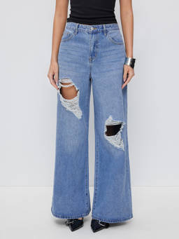 Cider - Denim Women's Low-Waist Ripped Wide-Leg Jeans Light Blue