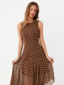 Cider - Polka Dot Women's Ruffled Asymmetrical Hem Maxi Dress Brown