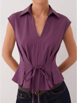 Cider - Ruched Tie-Front Women's V-Neck Blouse Purple