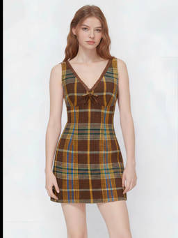 Cider - Tweed Women's Sleeveless V-Neck Bow Mini Dress Brown