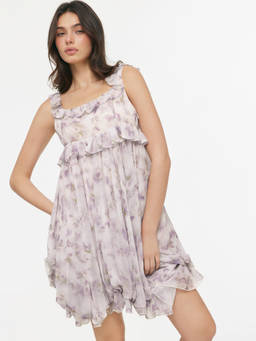 Cider - Chiffon Floral Women's Square Neck Ruffle Mini Dress Lavender