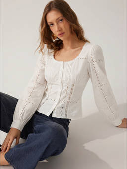 Cider - Textured Women's Scoop Neck Lace Panel Blouse White