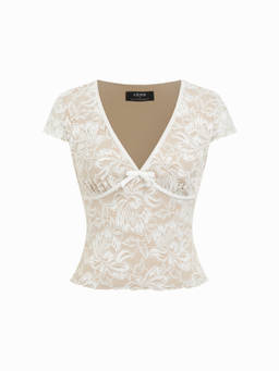 Cider - Textured Floral Women’s V-Neck Lace Panel Crop Top Cream