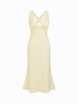 Cider - Satin Lace Panel Women's V-Neck Mermaid Maxi Dress Yellow