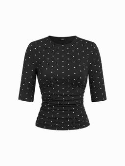 Cider - Polka Dot Women Ruched Mid Sleeve Tee Black