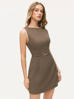 Cider - Metal Detail Women's Boat Neck Belted Mini Dress Brown