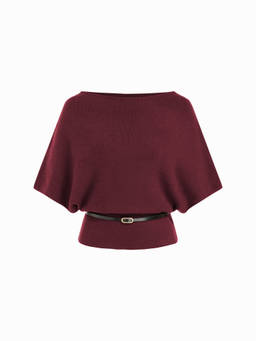 Cider - Knit Women's Batwing Sleeve Boat Neck Belted Top Wine