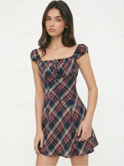 Cider - Cotton Plaid Women's Square Neck Puff Sleeve Mini Dress Navy Blue