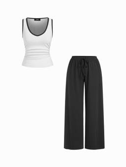 Cider - Two Tone Women's Ruched Scoop Neck Pant Set Black & White