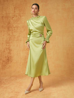 Cider - Satin Women's Ruched Waist Lantern Sleeve A-Line Maxi Dress Green