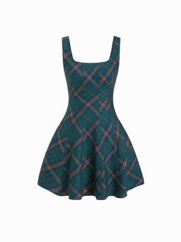 Cider - Plaid Women's Square Neck Flared Mini Dress Green