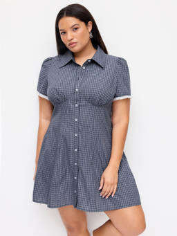 Cider - Cotton-Blend Women's Checked Shirred Shirt Mini Dress Blue