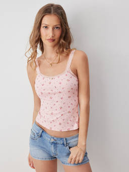 Cider - Cotton-Blend Women Floral Square Neck Lace Trim Cami Top Pink