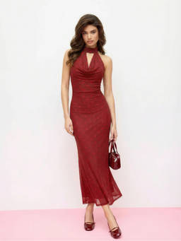 Cider - Chiffon Polka Dot Women Halter Neck Backless Maxi Dress Burgundy