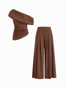 Cider - Ruched Women's Asymmetrical Neck Wide Leg Co-ord Set Brown