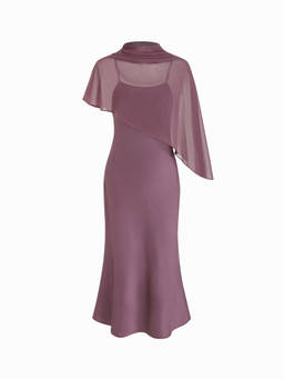 Cider - Satin Women's High Neck Cape Sleeve Maxi Dress Purple