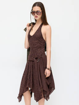 Cider - Lace Women's V-Neck Wrap Hanky Hem Midi Dress Brown