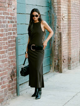 Cider - Belted Women's Sleeveless Round Neck Maxi Dress Brown
