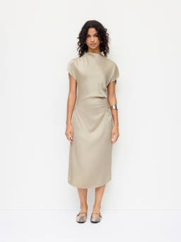 Cider - Satin Women's High Neck Ruched Straight Midi Dress Beige