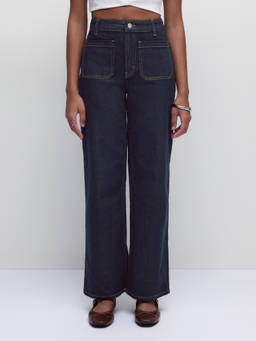Cider - Stretch Denim Women's Mid-Rise Washed Straight-Leg Jeans Navy Blue