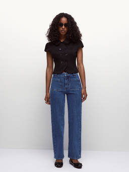 Cider - Washed Metal Detail Women’s Stretch Mid-Rise Straight-Leg Jeans Blue