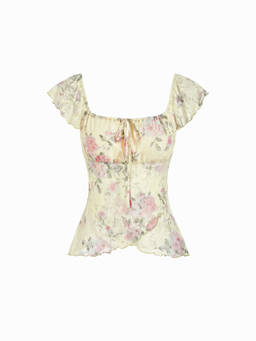 Cider - Chiffon Floral Women's Square Neck Ruffled Crop Top Yellow