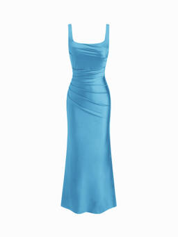 Cider - Satin Sculptural Women's Square Neck Ruched Mermaid Maxi Dress Teal