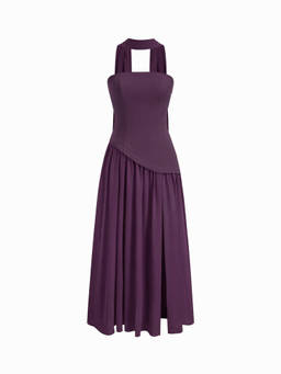 Cider - Sculptural Women Halter Neck Lace-Up Bodycon Maxi Dress Purple