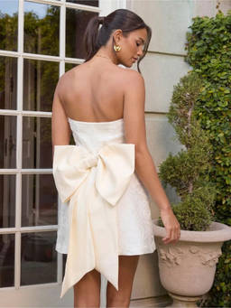 Cider - Jacquard Women's Bow Detail Bandeau A-Line Mini Dress Cream