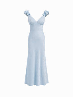 Cider - Satin Jacquard Women's Ruffled V-Neck Maxi Dress Blue