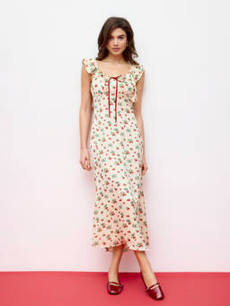 Cider - Satin Women's Strawberry Print Ruffle Hem Maxi Dress Beige