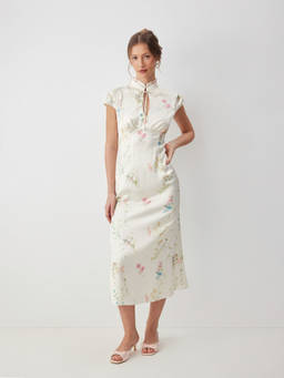 Cider - Satin Women's Floral Mandarin Neck Tie-Up Maxi Dress Cream