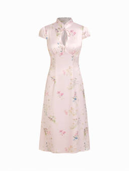 Cider - Satin Floral Women's Tie-Up Mandarin Neck Maxi Dress Pink